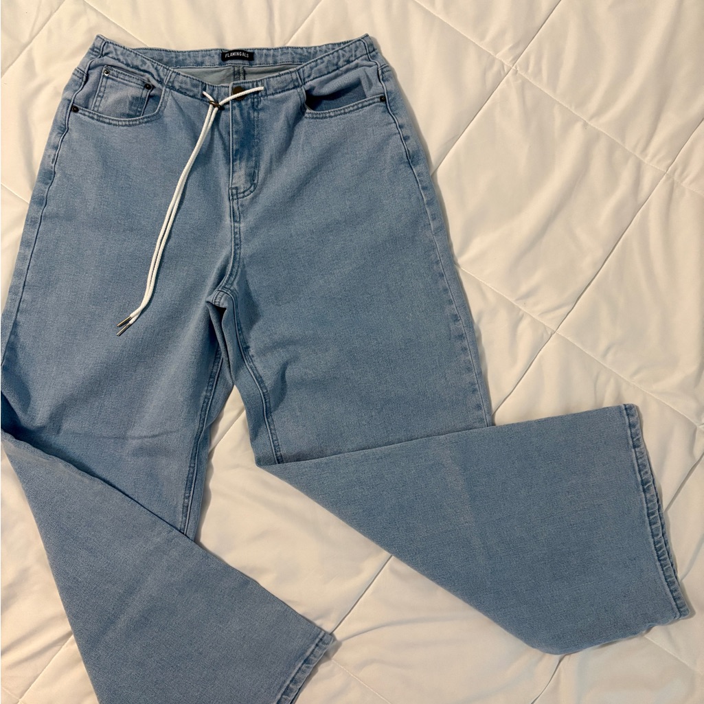 Faded Light Blue Wide-Leg Jeans With Drawstring Waist
